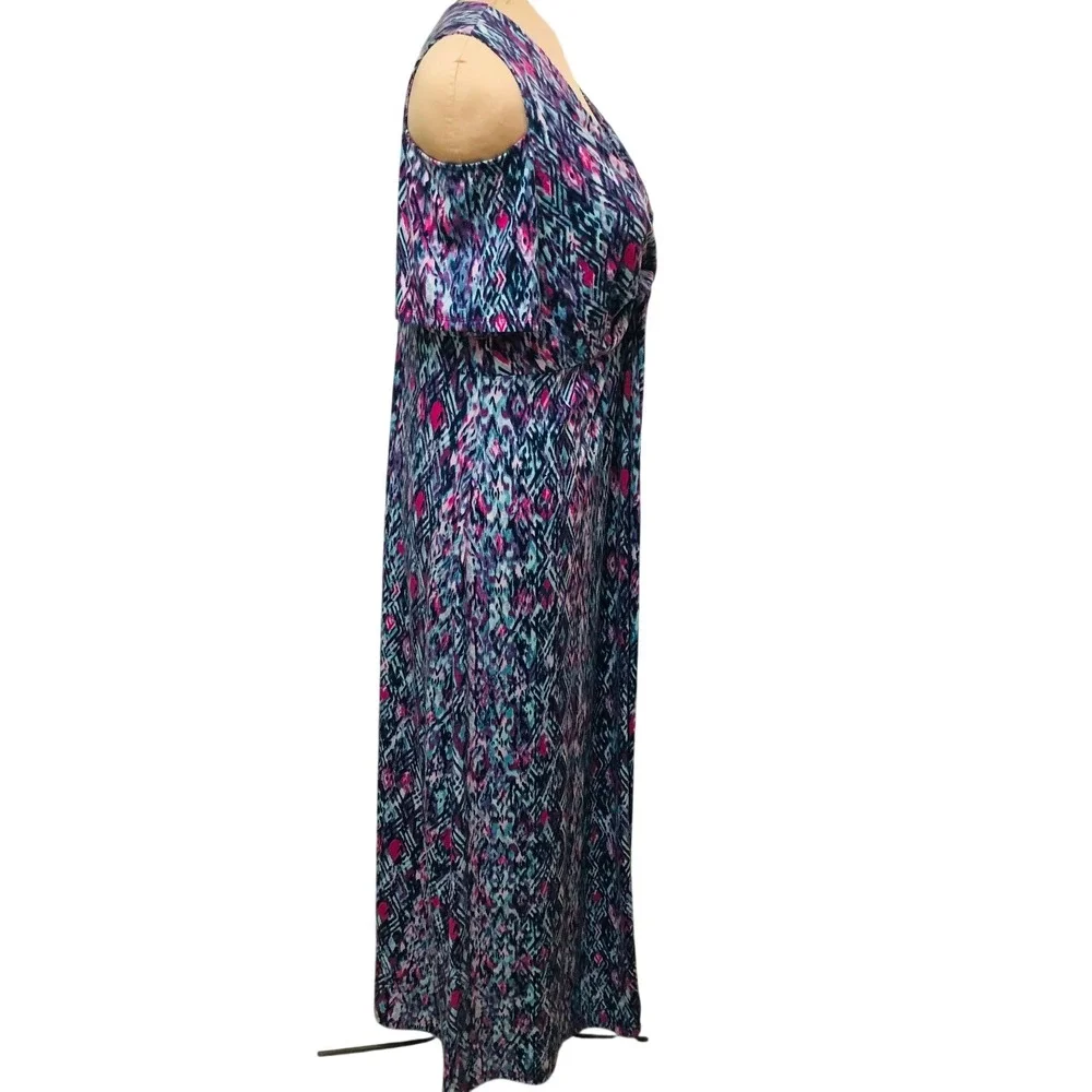 Catherines Maxi Dress Womens 1X‎ Cold Shoulder Twist Front Abstract  Slinky Knit